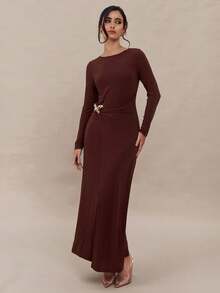 Modelyn Vestido midi elegante de unicolor con mariposa para mujer - Marrón Mocha - Ver 7