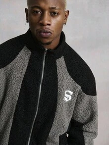 PAVTROS Manfinity Streetrush Men's Casual Street Style Contrast Color Teddy Fleece Zip-Up Jacket,Men's Contrast Color Teddy Fleece Zip-Up Jacket, Black And Gray Patchwork Embroidered Streetwear, Autumn And Winter Outerwear, INS Streetwear, Halloween Clothing, Men Clothes, Men Jacket&Coats, Unisex Style, Rapper Clothing, Boy Friend Gifts, Teddy Velvet, Fleece - Multicolor - View 5