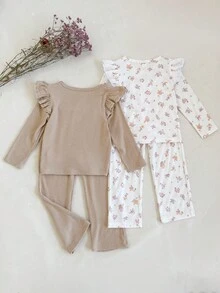 SHEIN 两件套女童碎花荷叶袖圆领上衣和松紧腰长裤套装，长袖，秋冬季 - 彩色 - 查看 2