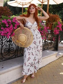 Gretanique Vestido Floral Miúdo com Babado na Barra, Adequado para Férias - Damasco - Visão 1
