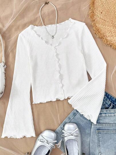 Tween Girl Casual Everyday Knit Collar Ruffle Trim White Fitted Cardigan With Bell Sleeves Cute Tops Blouses For Teen Girls Tween Girl Tops Ribbed Tween Summer Tops Teen Girl Clothes Top Tween Girl Sets Summer Long Sleeves Tops Cute Ribbed Teen Summer Tops Long Sleeve Ribbed Top Fall Winter