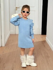 SHEIN Young Girls Baby Blue Ribbed Knit Sweater Dress,Long Sleeve Ruffled Round-Neck Casual Fairy Dress For School,Back-To-School,Autumn Winter Outfits - Blue - View 4