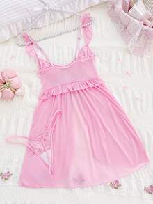 SHEIN 2件套女士性感蕾丝边网眼内衣睡袍套装 - 粉色 - 查看 6