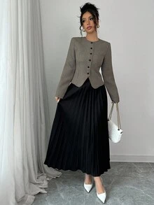 Elenzga 女士粗花呢长袖夹克和百褶中长裙优雅套装 - 彩色 - 查看 6