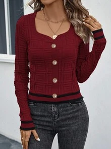 EMERY ROSE Suéter ajustado con ribete de contraste, casual y apropiado para el transporte, otoño - Burdeos - Ver 3