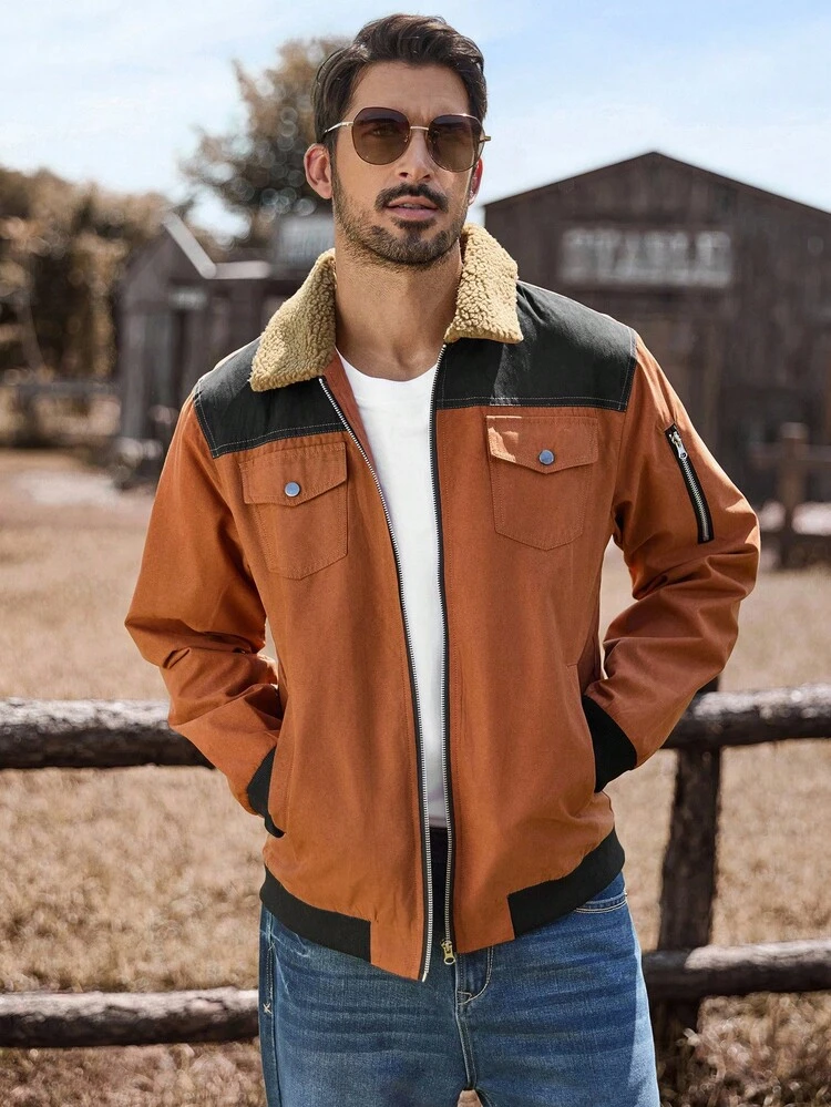 Manfinity Nomadique Men's Contrast Color Sherpa Collar Zip Front Casual Jacket Men Jackets Casual Men Bomber Jacket , Fall - Brown - View 5