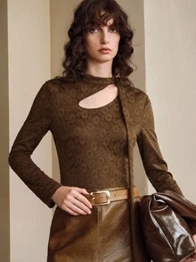 SHEIN LUNE Brown Floral Elegant Knitted Lace Mesh Herbal Embroidery Hollow Out Ribbon Asymmetric Collar Tie Long Sleeve Blouse,Autumn Tea Party Wasteland Style - Chocolate Brown - View 7