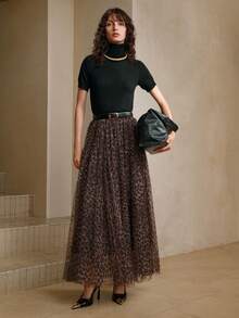 Arave Women's Woven Mesh Leopard Print Digital Print Fabric Elastic Waist Double Mesh 3D Leopard Print Design Elegant Date Long Skirt Fall Clothes For Women Cheetah Print - Brown - View 2