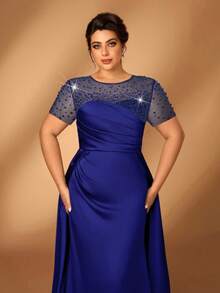 SHEIN Belle 优雅奢华香槟色水钻缀饰短袖褶皱鱼尾下摆拼接连衣裙，适合晚会、单身派对、约会、音乐节、度假、婚礼、新娘母亲礼服 - 藏蓝色 - 查看 5