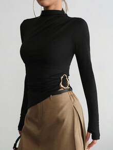 Aidyla Áo thun nữ cổ lọ tay dài xếp ly họa tiết ánh kim ôm vừa vặn thời trang thu/đông - màu đen - Xem 8