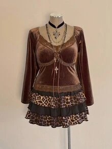 Sunspun 大码撞色蕾丝V领修身弹力T恤，初秋 - 棕色 - 查看 5