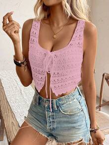 EMERY ROSE Women's Dusty Pink Solid Color Hollow Design Front Tie Sleeveless Knit Top,Summer Boho Vacation Holiday Crochet Crop Top - Baby Pink - View 4