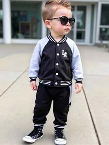 Set de chaqueta y pantalones de chándal de 2 piezas para bebés niños, con diseño de bloques de color, mangas raglán, forro térmico grueso y cómodo, para otoño/invierno - Negro - Ver 10