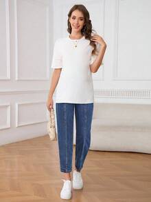 SHEIN Maternity Winter Solid Color Casual Jeans - Medium Wash - View 6