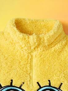 SpongeBob SquarePants | SHEIN Young Girl Cartoon Embroidery Funny Stand Collar Half-Zip Loose Plush Sweatshirt And Pants Set, Autumn/Winter Fall - Yellow - View 3