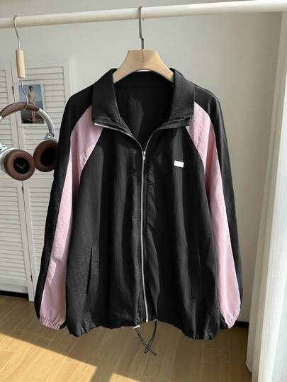 Comfortcana 拼色拉链长袖休闲大码夹克风衣外套 Y2k 夹克秋冬拉链夹克