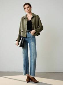 Uhlyne 女士复古经典复古硬币设计优雅休闲西装外套，配有仿口袋和纽扣，简约通勤夹克 - 軍綠色 - 查看 5