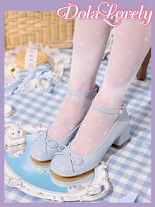 Dola Lovely 圆头低跟蝴蝶结粗跟露跟女式时尚高跟鞋 - 淺藍色 - 查看 3