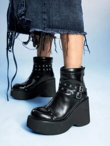 Sugerpunk 女士休闲派对舒适踝靴，哥特式铆钉金属双带搭扣后拉链，黑色朋克风厚底粗跟踝靴 - 黑色 - 查看 7