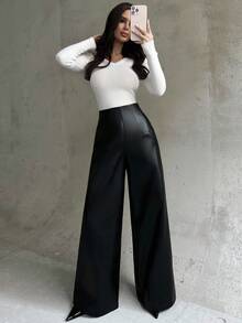 Firerie 女士新款优雅休闲百搭高腰宽松阔腿裤，黑色 PU 皮革，适合日常通勤、秋冬、机场、教师和办公室穿着 - 黑色 - 查看 5