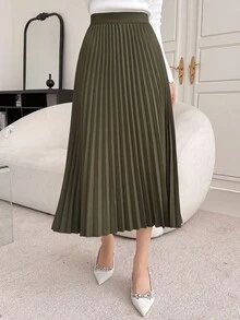 DAZY Damen eleganter plissierter A-Linien Rock, Herbst Winter Damen Röcke - Armeegrün - Übersicht 3