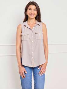 SHEIN LUNE 女士无袖纯色休闲衬衫，夏季简约时尚 - 卡其色 - 查看 5