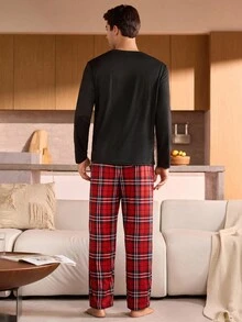 Manfinity Underwear&Sleepwear Basics Plus Size Men's Pajama Set (Long Sleeve Top And Pants, 2 Pieces) - Red - View 2