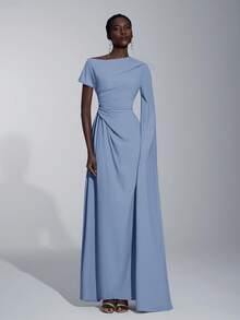 Elitara 优雅不对称袖荷叶边下摆长袖连衣裙，适合婚礼、正式活动、约会、伴娘