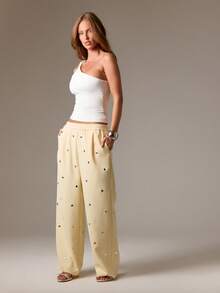 AiiRZ Studded Wide Leg Palazzo Pants With Polka Dot Pattern High Rise Elastic Waist Casual Trousers