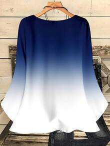 Mellowie 大码女式全身印花宽松圆领 3/4 袖休闲衬衫，秋冬 - 藍色 - 查看 2