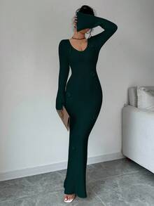 Elenzga Váy len dệt kim dài tay loe họa tiết hoa 3D cổ chữ V sâu thanh lịch dành cho nữ, thích hợp cho đám cưới, tiệc ngày lễ tình nhân, kỳ nghỉ, mặc nhà & ngoài trời, mùa thu/đông - Màu xanh lá cây đậm - Xem 4