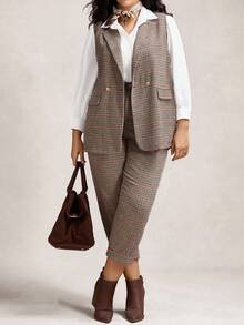 Zelara 2 pièces Ensemble veste sans manches et pantalon jacquard pied-de-poule grande taille pour femmes