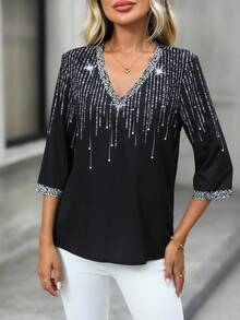 EMERY ROSE Áo cánh tay raglan cổ chữ V, dáng rộng, sáng bóng, thường ngày cho nữ - màu đen - Xem 3