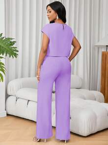 SHEIN Lunessa Bộ 2 món đồ thời trang nữ cổ tròn tay ngắn kiểu Pháp thường ngày và quần ống rộng cạp cao - Màu tím - Xem 2