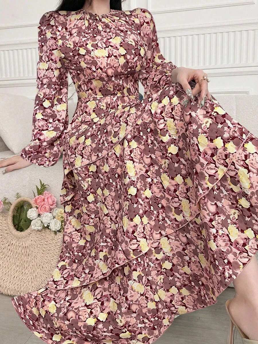 Feyla 女式花卉印花宽松优雅多层休闲连衣裙，长袖圆领 - 酒紅色 - 查看 1