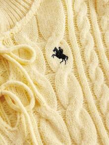 SHEIN MOD Women's Collegiate Style Embroidered Polo Collar Bowknot Knot Textured Yellow Sweater,Office,Work, Knitwear, Butter Yellow Sweater, Yellow Cable Knit Sweater,Fall/Winter - Yellow - View 4