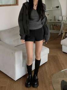 DAZY 女式高腰弹力修身灰色短裤秋季