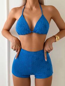 SHEIN Swim 女士纯色吊带背心比基尼上衣和下装泳衣套装夏季 - 藍色 - 查看 7