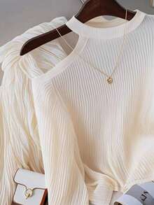 Franclia Plus Size Women's Solid Color Slim Fit Oblique Shoulder Long Sleeve T-Shirt, Ribbed Knit Top