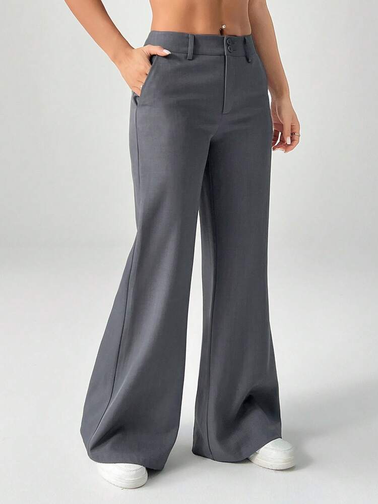 SHEIN PETITE Nuevo estilo de pantalón de traje casual de cintura baja para otoño e invierno - Gris Oscuro - Ver 7