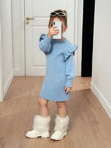 SHEIN Young Girls Baby Blue Ribbed Knit Sweater Dress,Long Sleeve Ruffled Round-Neck Casual Fairy Dress For School,Back-To-School,Autumn Winter Outfits - Blue - View 5