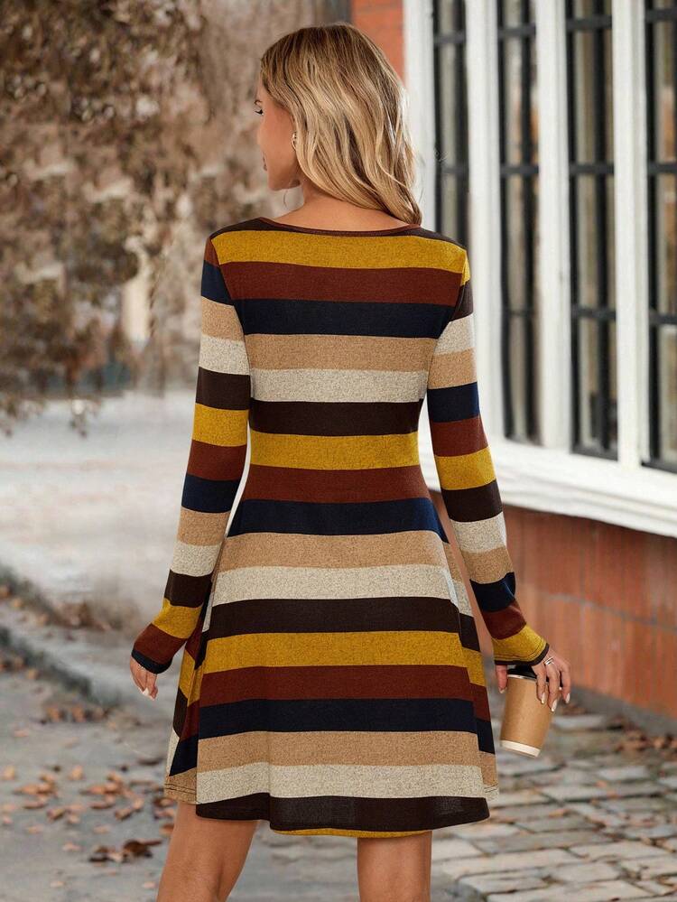 Women's Casual Colorblock Striped Mini Dress, Autumn Striped Long Sleeve Dress Fall Dress Women Autumn Dress Casual Dress Earth Tone Dress Halloween Costume For Women Brown Dress For Women Halloween Halloween Costumes For Women Halloween Clothes For Women Halloween Costume For Women Autumn Outfits For Women Winter Dress Women