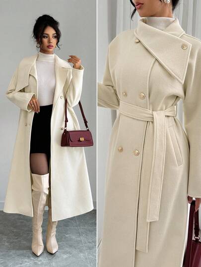 Elenzga 女士时尚百搭纯色双排扣大衣，秋冬