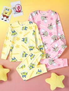 SpongeBob SquarePants | SHEIN 少女卡通全印花针织圆领紧身罗纹上衣和裤子睡衣套装 - 彩色 - 查看 1