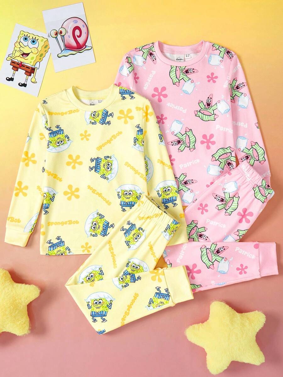 SpongeBob SquarePants | SHEIN 少女卡通全印花针织圆领紧身罗纹上衣和裤子睡衣套装 - 彩色 - 查看 1