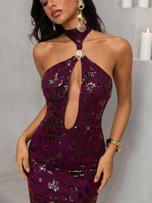 Vowa Abito senza spalline alla moda, sexy e d'avanguardia, adatto per discoteca, festa, vacanza, cocktail festa, abito da cerimonia (molto decorato) - Bordò - Visualizzare 3