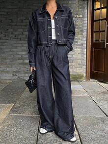 DAZY Women's Casual Long Sleeve Jacket And Wide Leg Jeans Suit, Autumn - Navy Blue - View 3