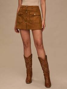 Enchnt Women's Brown And Gold Single-Breasted Cargo Pocket Mini Skirt,Elegant Fashionable Autumn Fall Clothes For Daily Commute,Date,Holiday,Office& - Brown - View 6
