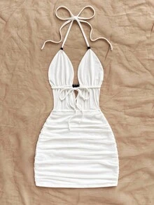 Soleia Vestido mini con escote profundo en V, tirantes con lazo y espalda descubierta para mujer, ajuste ceñido con drapeado, adecuado para fiesta, cita, té de la tarde, vacaciones de verano en la playa con estilo - Blanco - Ver 2