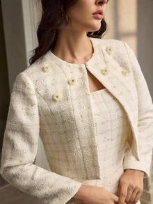 ZEYLAH Women's Plain Beaded Short Jacket, Long Sleeve, Autumn/Winter - Apricot - View 2